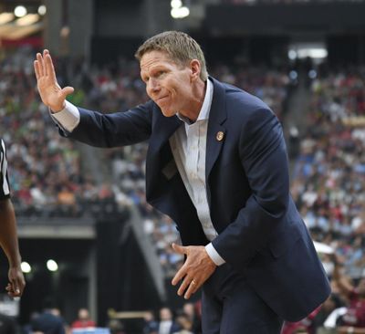 Coach Mark Few, pictured against South Carolina in the Final Four, has guided Gonzaga to five straight outright or shared WCC titles. (Dan Pelle / The Spokesman-Review)