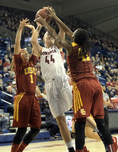 Gonzaga’s Shelby Cheslek is hounded by USC’s Jordan Adams, left, and Temi Fagbenle  in a physical first half of action at the McCarthey Athletic Center on Tuesday. (Jesse Tinsley / The Spokesman-Review)