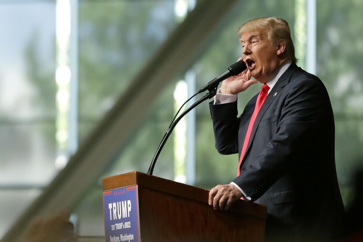 Republican presidential candidate Donald Trump speaks during a rally in Spokane on May 7, 2016. (Ted S. Warren / AP)