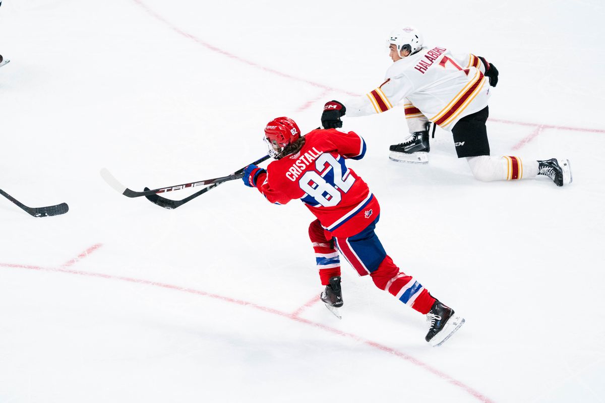 Spokane Chiefs forward Andrew Cristall scores his third goal of the game against the Vancouver Giants on April 3, 2025 at the Arena.   (Larry Brunt)