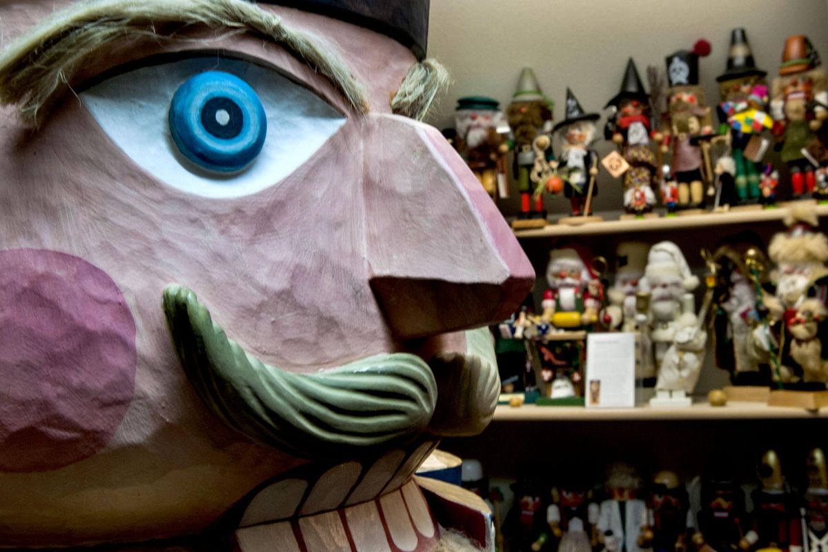 A larger-than-life sized nutcracker is photographed at the home of CJ Davis of Hayden Lake on Wednesday, Dec.13, 2017. She collects nutcrackers and has peices from Germany, Russia, Austria and Italy. (Kathy Plonka / The Spokesman-Review)