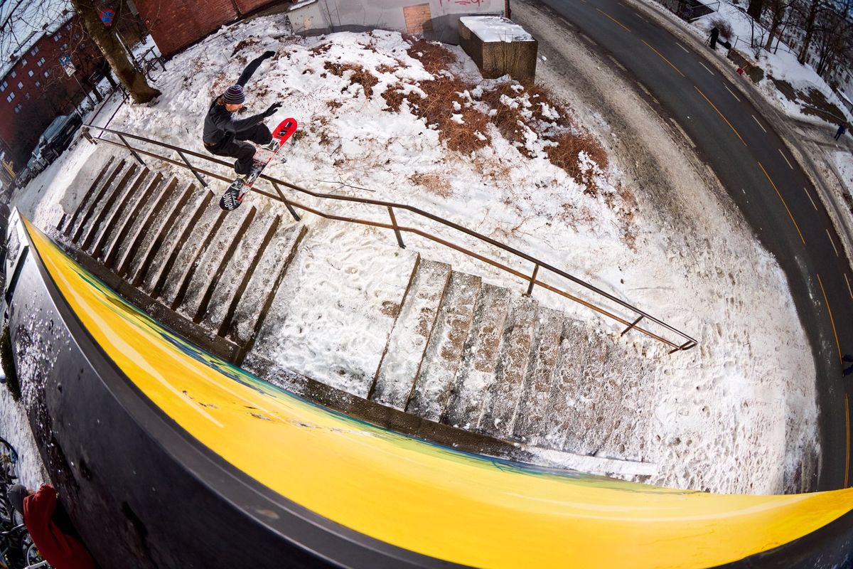 Austin Visintainer rides down a rail in Oslo, Norway. The Spokane-based professional snowboarder recently joined the pro staff of CAPiTA Snowboards.  (Courtesy of Keke Leppala)