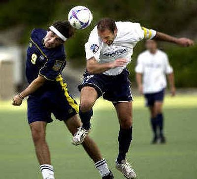 
Spokane's Kieran Barton, right, battles for the ball with Cascade's Adrian Balc during a June 18 match at Joe Albi. 
 (Amanda Smith / The Spokesman-Review)