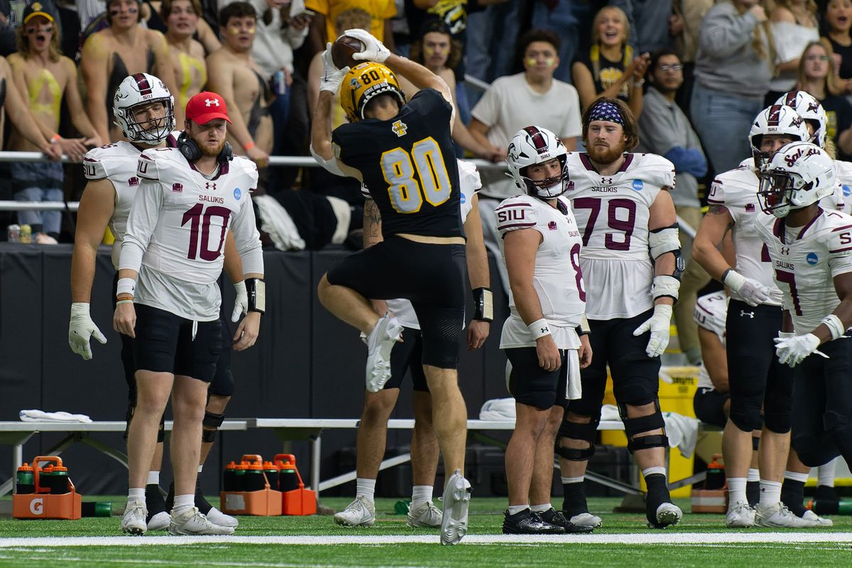 Idaho wide receiver Hayden Hatten can only keep one foot in bounds after catching a pass in the first half of a playoff game against Southern Illinois on Saturday, Nov. 2, 2023, at the Kibbie Dome in Moscow, Idaho.  (Geoff Crimmins/For The Spokesman-Review)