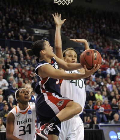 Gonzaga’s Haiden Palmer goes face-to-face with Miami’s Shawnice Wilson to get off a shot in the second half Monday night. (Dan Pelle)