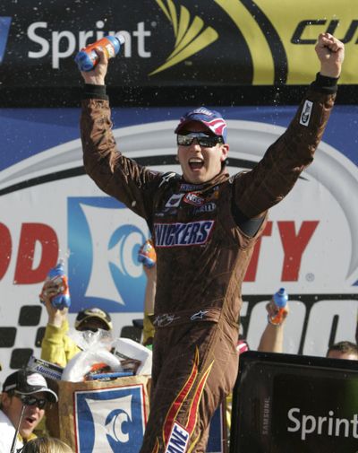 Kyle Busch celebrates his victory in Food City 500, finally winning at Bristol.  (Associated Press / The Spokesman-Review)