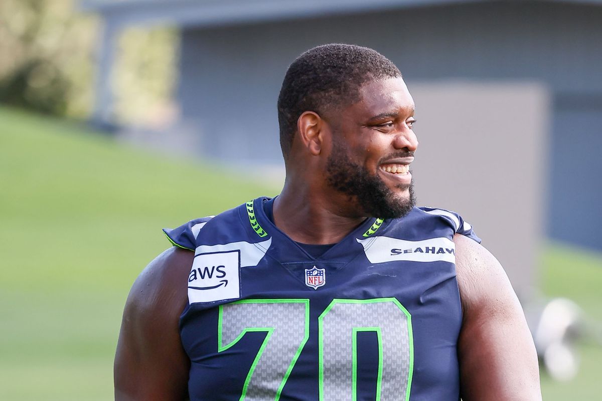 Laken Tomlinson reacts after practice during the first day of the three-day Seattle Seahawks minicamp June 11 in Renton, Wash.  (Kevin Clark/Seattle Times)