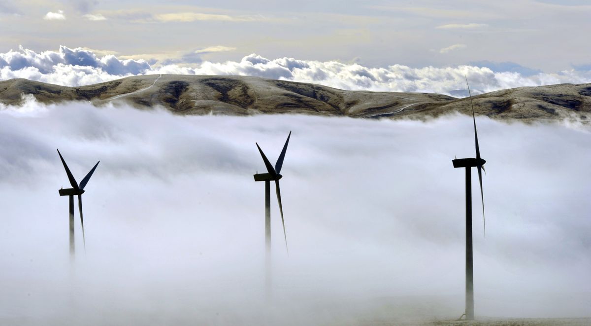 Wind turbines tower above the rolling fog on Nov. 18 on a Puget Sound Energy site near Vantage, Wash. (Dan Pelle)