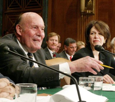 In this Tuesday, July 22, 2003, photo, Nicholas Katzenbach speaks at a Senate Judiciary Committee hearing in Washington. (Associated Press)