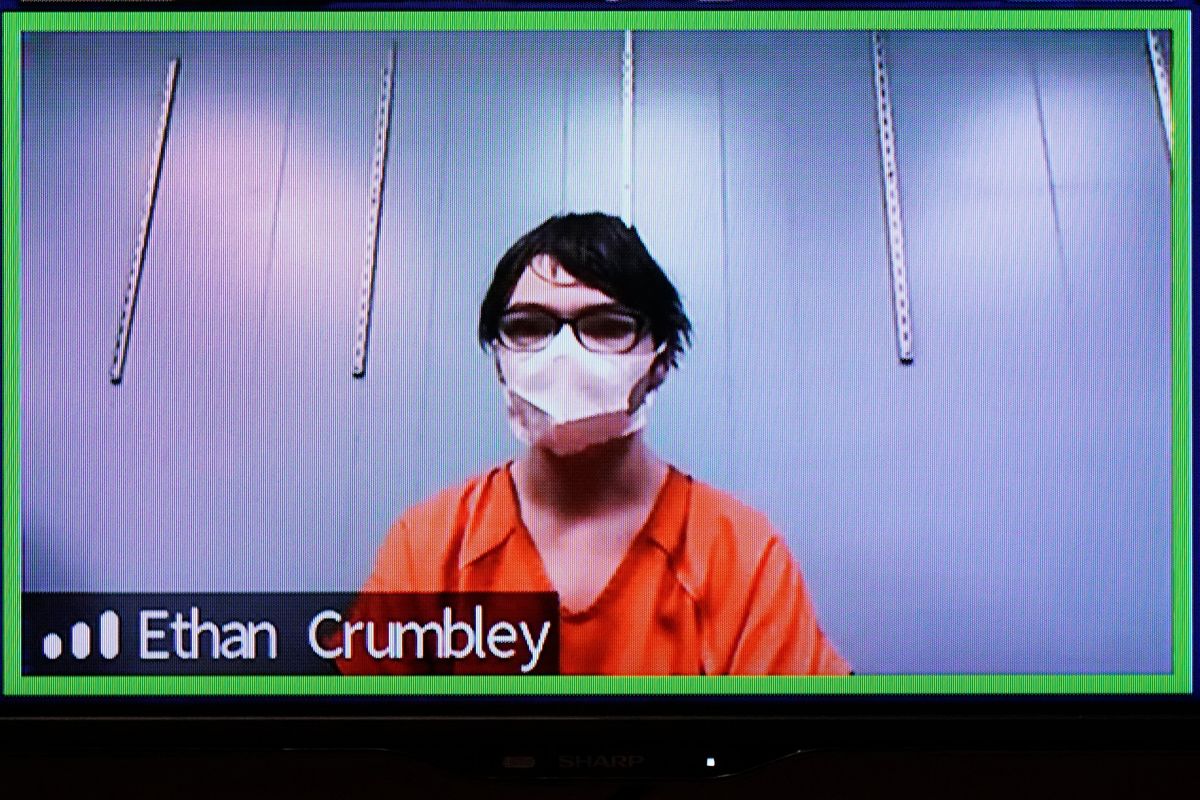 This image from 52-3 District Court shows Ethan Crumbley in a Zoom hearing in Rochester Hills, Mich., Friday, Jan. 7, 2022. Attorneys say Crumbley, who is charged with killing four students at a Michigan high school will pursue an insanity defense. A summary of case filings available online says a notice was filed Thursday, Jan. 27.  (Carlos Osorio)