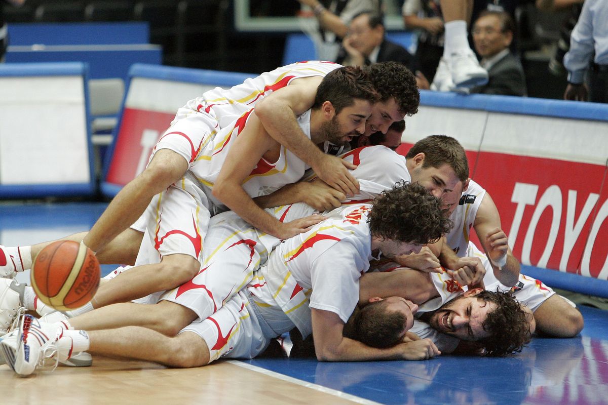 In this Sept. 2006 photo, Spain team members celebrate after defeating Argentina in the semifinals of the World Basketball Championships in Saitama, Japan. The 2006 world championship was perhaps the last truly wide-open international basketball event. Argentina arrived as the Olympic champion and Spain left as the world champion, the last time for a long while anyone other than the U.S. would hold either title.  (Associated Press)
