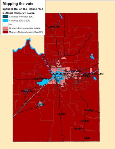 Map of the Spokane County results for the 5th Congressional District race on Election Night (Jim Camden)