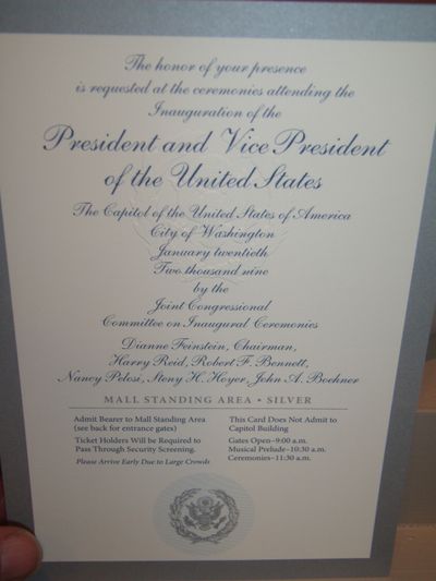 A ticket to the inauguration of Barack Obama, seen Monday, Jan. 19, 2009. (Courtesy of Erin Fitzpatrick)