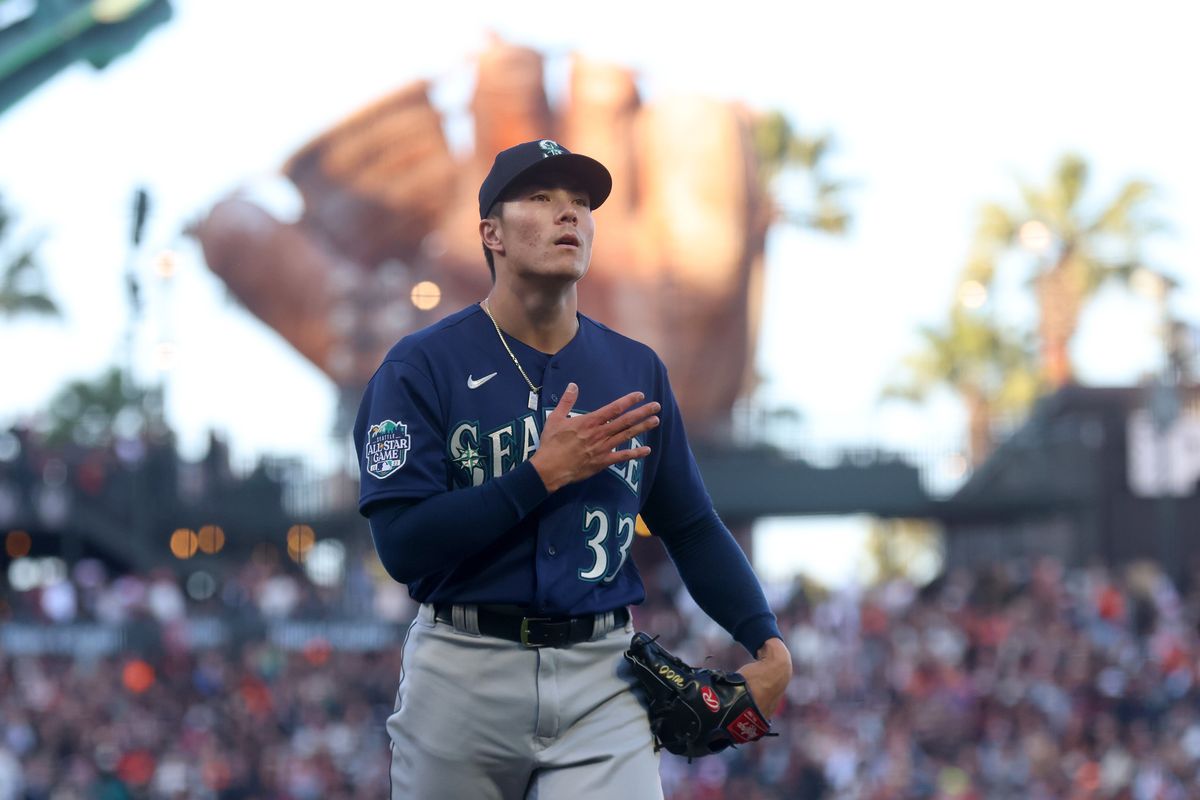 Seattle Mariners starting pitcher Bryan Woo reacts after striking out San Francisco’s Casey Schmitt during the second inning of their July 3 game at Oracle Park in San Francisco.  (Tribune News Service)