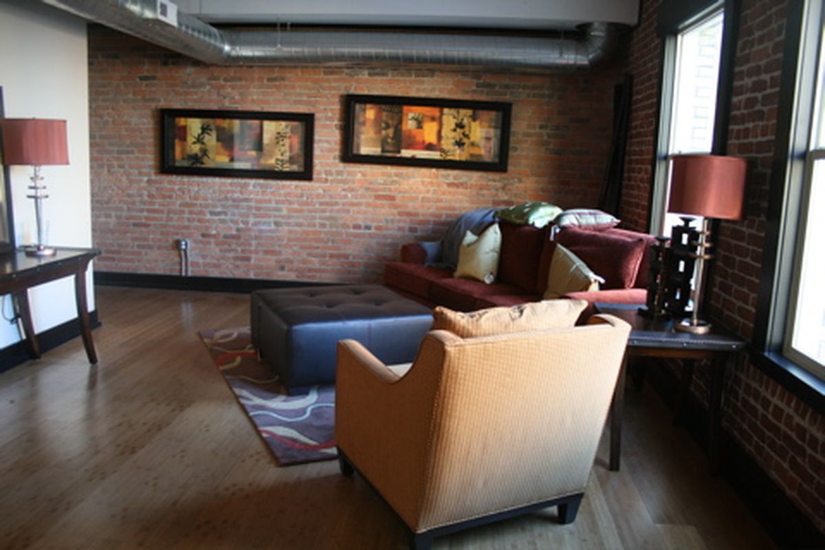 The living room of one of the units in the First at Washington building in downtown Spokane. (Megan Cooley / The Spokesman-Review)