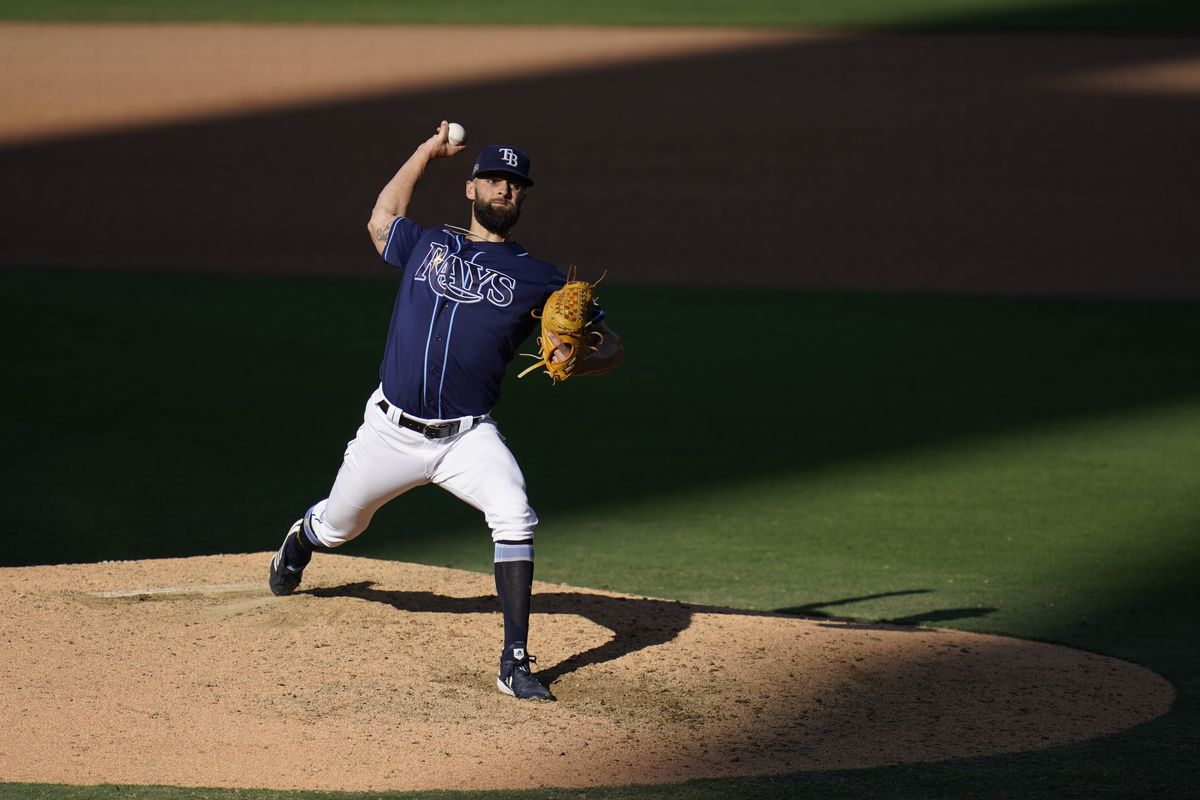 Tampa Bay Rays relief pitcher Nick Anderson pitches to the Houston Astros during the ninth inning in Game 2 of a baseball American League Championship Series, Monday, Oct. 12, 2020, in San Diego. The Rays defeated the Astros 4-2 to lead the series 2-0 games.  (Gregory Bull)