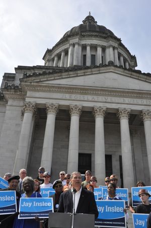OLYMPIA -- Democratic gubernatorial candidate Jay Inslee gives a campaign speech to supporters on the north steps of the state Capitol after filing for office Tuesday morning. (Jim Camden)