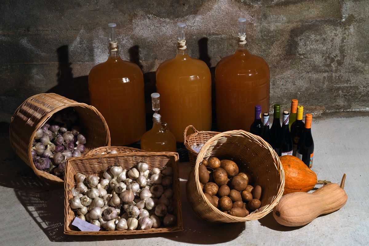 Jugs of homemade wine ferment next to harvested garlic and potatoes in Matt and Della Holbert