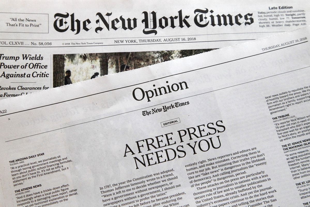 An editorial titled “A Free Press Needs You” is published in the New York Times, Thursday, Aug. 16, 2018, in New York. (Mark Lennihan / Associated Press)