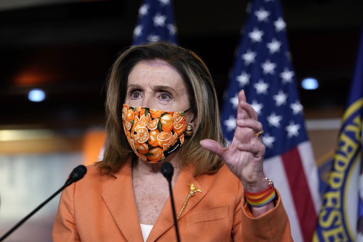 Speaker of the House Nancy Pelosi, D-Calif., meets with reporters at the Capitol in Washington, Thursday, Oct. 8, 2020. Negotiations between Pelosi and Treasury Secretary Steven Mnuchin for an additional coronavirus aid package were abruptly halted last week by President Donald Trump.  (J. Scott Applewhite)