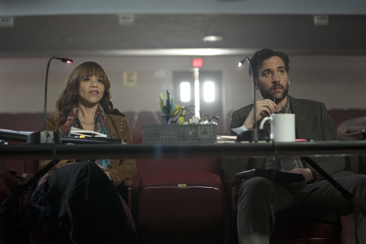 Rosie Perez as Tracey Wolfe, left, and Josh Radnor as Lou Mazzuchelli in a scene from “Rise.” (Peter Kramer / NBC)