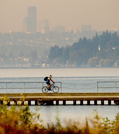 The Seattle skyline is obscured by smoke from wildfires in a photo taken from Juanita State Park on Sept. 8, 2020.  (TRIBUNE NEWS SERVICE)