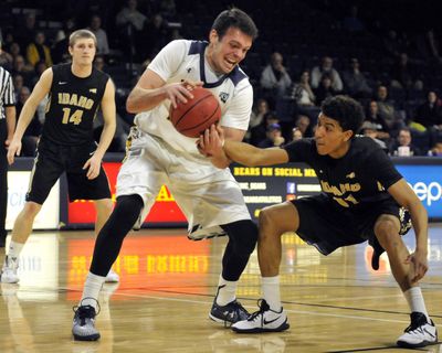 Idaho’s Victor Sanders, right, led the Vandals in scoring last season at 15.9 points per game. (Joshua Polson / Associated Press)