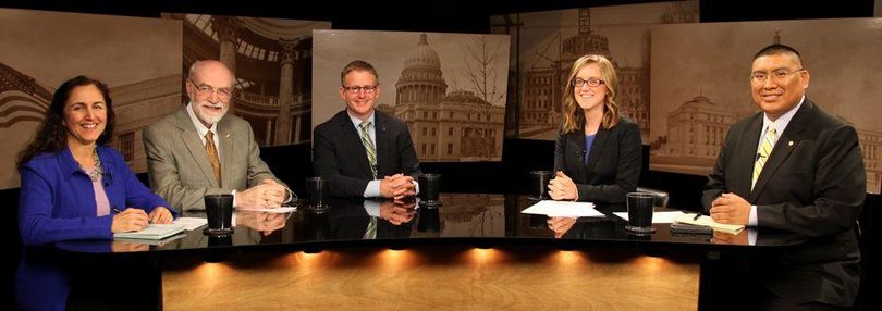 From left, Betsy Russell, Jim Weatherby, Rep. Mat Erpelding, and co-hosts Melissa Davlin and Aaron Kunz on Friday's 