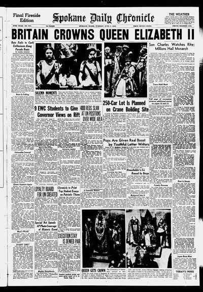 Queen Elizabeth II, the longest-reigning British monarch, died on Thursday at the age of 96, Buckingham Palace announced. Hazel Barnes reported on her coronation, shown here in a 1953 frontpage excerpt from the Spokane Daily Chronicle.  (Spokane Daily Chronicle archives)