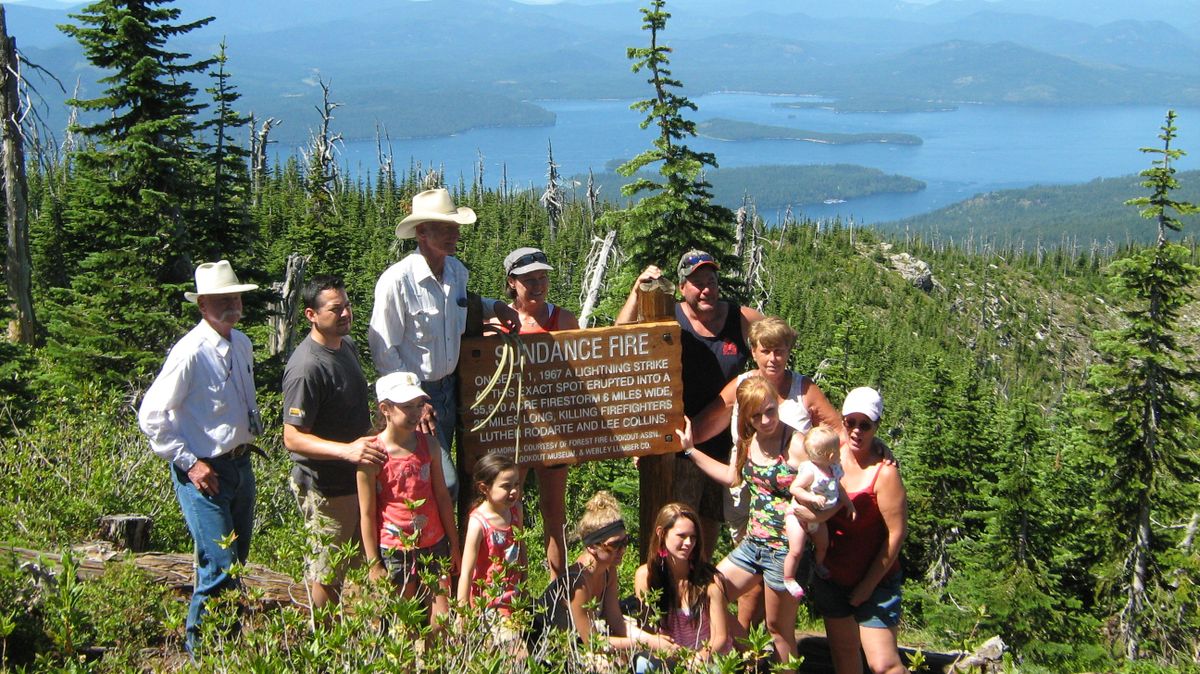 A memorial was installed in the Idaho Panhandle on Sundance Mountain on Aug. 5, 2012. to commemorate the casualties of the 1967 Sundance forest fire. Four generations of  descendants of Lee Collins traveled to the site, which marks the spot where the fire started. Collins was the bulldozer operator who died in the Sundance firestorm on Sept. 1, 1967.  The new memorial was placed by volunteers from the Fire Lookout Museum, Priest Lake Museum and joined by lookouts from Gisborne, Lookout, Sundance, and Hughes Ridge.  (Courtesy photo)