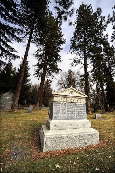The gravesite of Frank Johnson is framed by trees in Fairmount Memorial Park. (CHRISTOPHER ANDERSON)