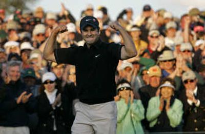 Trevor Immelman of South Africa reacts after winning the 2008 Masters at Augusta National. Associated Press
(Associated Press / The Spokesman-Review)