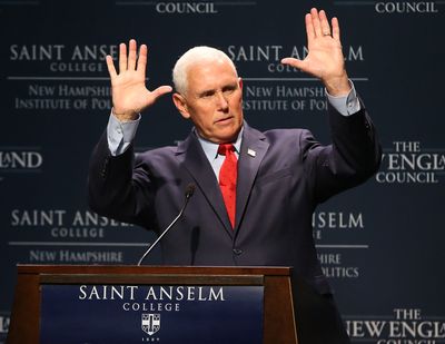 Former Vice President Mike Pence addresses the Politics & Eggs forum at St. Anselm College’s New Hampshire Institute of Politics on Wednesday in South End, N.H.  (TRIBUNE NEWS SERVICE)