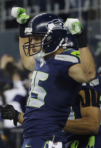 Seattle Seahawks' Jermaine Kearse celebrates after catching a touch-down pass during the second half of the NFL football NFC Championship game against the San Francisco 49ers, Sunday, Jan. 19, 2014, in Seattle. (AP Photo/Matt Slocum)  ORG XMIT: NFC202 (Matt Slocum / AP)