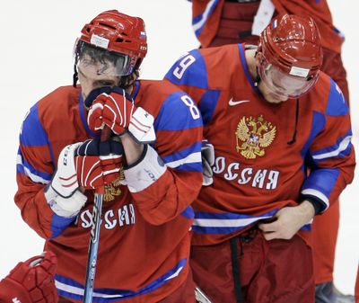 Russia’s Alexander Ovechkin can’t hide his disappointment after a hockey loss to Canada.  (Associated Press)