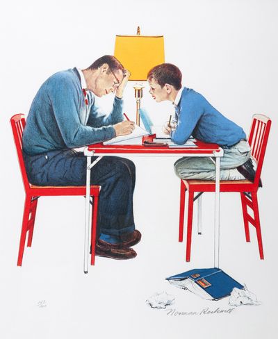 “Boy and Father: Homework (Winter)” is among the Norman Rockwell lithographs from the collection of Walter and Myrtle Powers being offered for sale at Dodson’s Jewelers.
