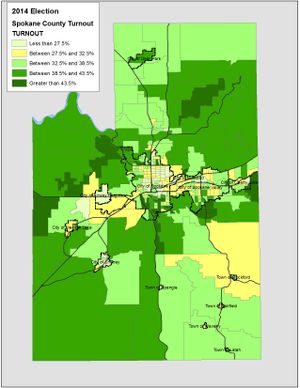 This is a map of the turnout statistics in Spokane County after the votes were counted on election night (Jim Camden)