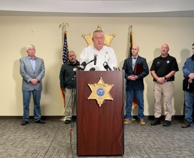 In this screenshot from Moore County Sheriff's Department video, Sheriff Ronnie Fields, who at a Sunday afternoon press conference called the perpetrators “cowards,” announced a Sunday curfew from 9 p.m. to 5 a.m. Monday.  (Moore County Sheriff's Department/Moore County Sheriff's Department/TNS)