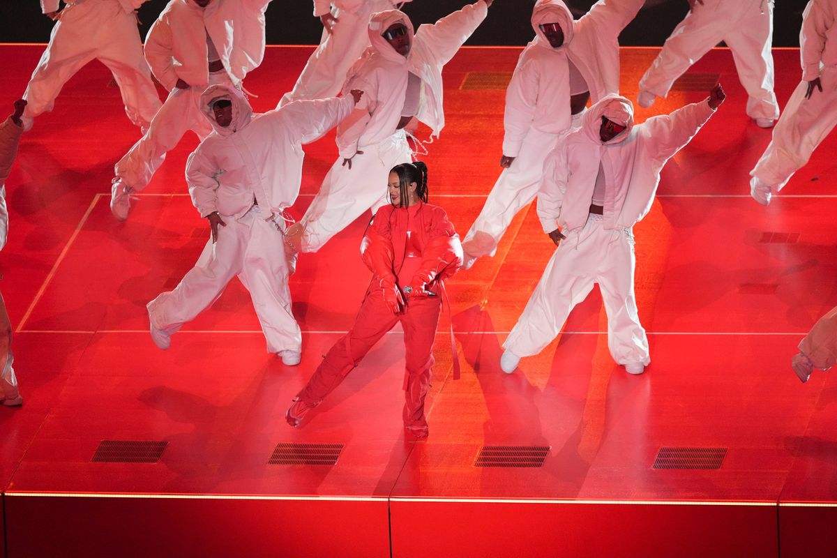 Singer Rihanna performs during halftime of the Super Bowl LVII football game between the Philadelphia Eagles and the Kansas City Chiefs at State Farm Stadium in Glendale, Ariz., on Feb. 12, 2023. (AJ Mast/The New York Times)  (AJ MAST)