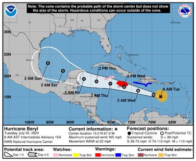 Hurricane Beryl maintained its status as a Category 4 storm on Monday afternoon after crossing the Windward Islands.  (Handout/National Hurricane Center/TNS)