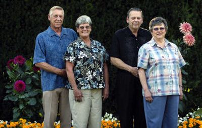 
Cecil and Ruth Jorgensen and George and Esther Auld, photographed in Manito's Duncan Gardens Aug. 26, will celebrate 50 years of marriage on Thursday. The Jorgensens live in Loon Lake, Wash., and the Aulds live in Spokane. 
 (Holly Pickett / The Spokesman-Review)