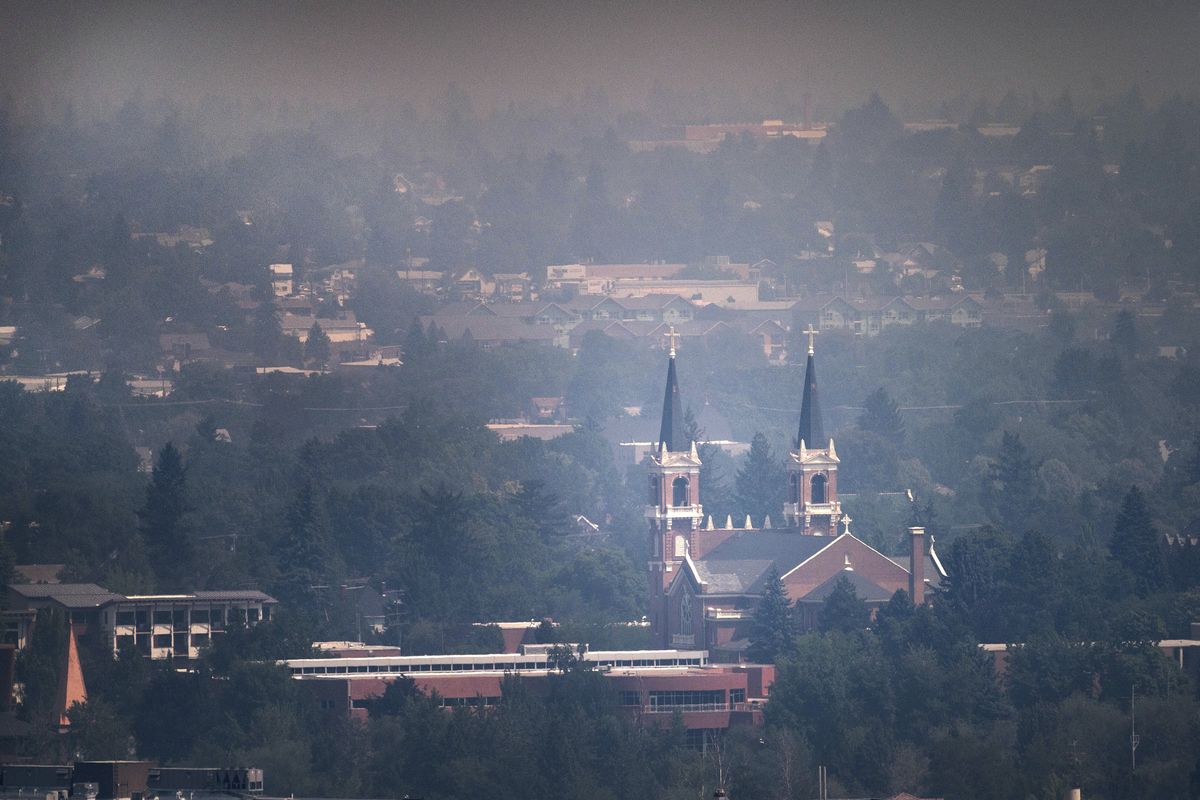 St. Aloysius Church on the campus of Gonzaga University is blanketed in smoke from area wildfires on July 10.  (Colin Mulvany)