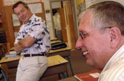 
Fifth-grade teachers Gary Henry, left, and Ron Keefer are retiring after more than 30 years of teaching. They bring their classes at Dalton Elementary together for special projects and fun times.
 (Kathy Plonka / The Spokesman-Review)