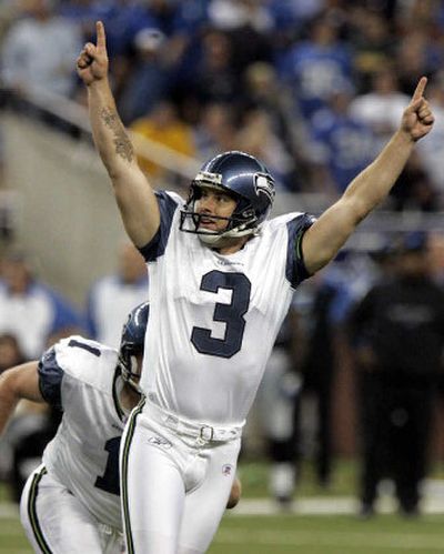 
Seahawks kicker Josh Brown celebrates his game-winning field goal against Detroit on Sunday at Ford Field. 
 (Associated Press / The Spokesman-Review)