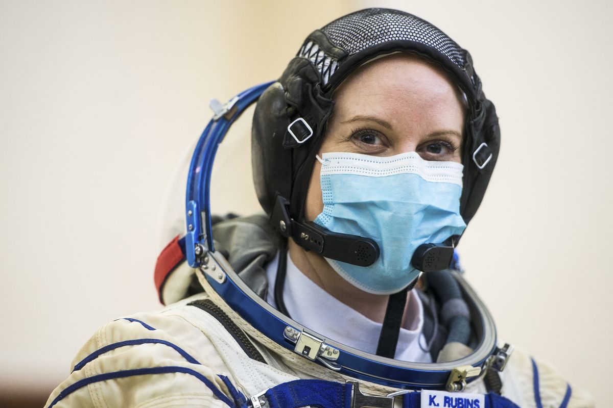 This photo provided by NASA. Expedition 64 crew member NASA astronaut Kate Rubins, is seen during Soyuz qualification exams Wednesday, Sept. 23, 2020 at the Gagarin Cosmonaut Training Center (GCTC) in Star City, Russia. Rubins told The Associated Press on Friday, Sept. 25 that she plans to cast her next vote from space – more than 200 miles above Earth. Rubins and two Russian cosmonauts are preparing for a mid-October launch to the International Space Station, where she’ll spend the next six months.  (Andrey Shelepin)