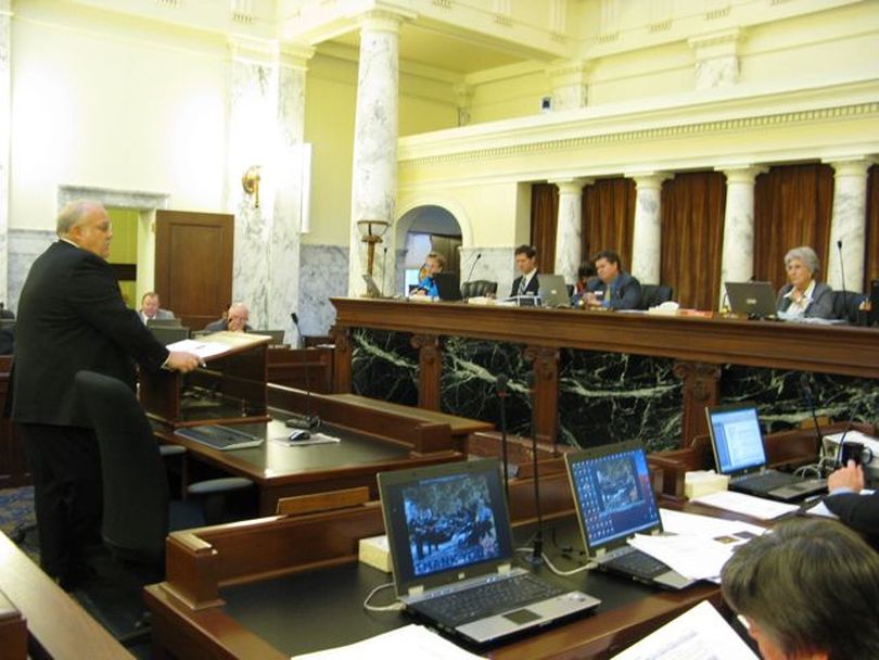 Idaho Secretary of State Ben Ysursa makes his budget presentation to the Legislature's Joint Finance-Appropriations Committee on Wednesday. His budget request for next year is down - because next year's not an election  year; his office runs state elections. (Betsy Russell)