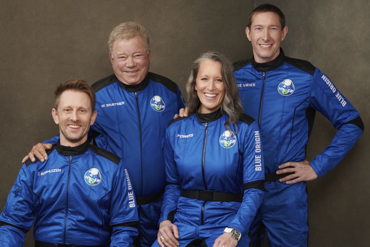 This undated photo made available by Blue Origin in October 2021 shows, from left, Chris Boshuizen, William Shatner, Audrey Powers and Glen de Vries. Their launch scheduled for Wednesday, Oct. 13, 2021 will be Blue Origin’s second passenger flight, using the same capsule and rocket that Jeff Bezos used for his own trup three months earlier. (HONS)