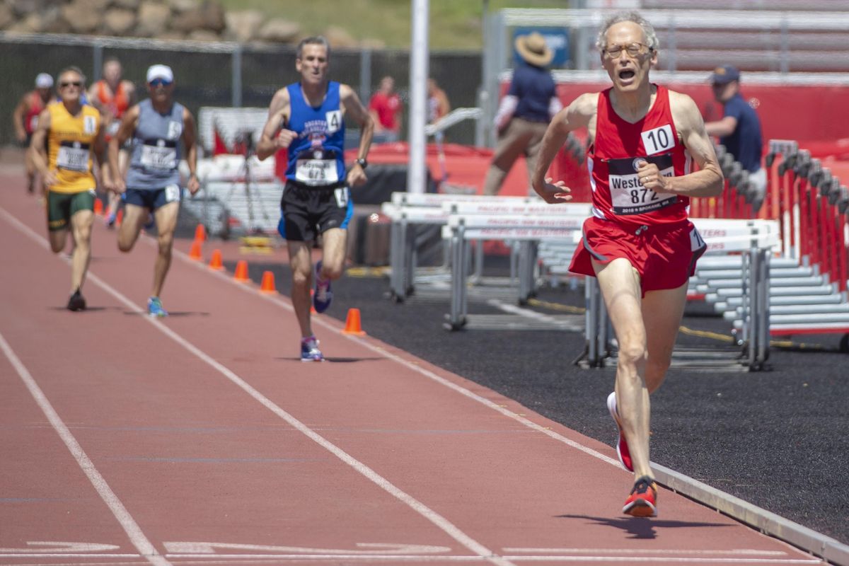 David Westenberg, an attorney from Wellesley, Mass., takes first in the 60-69 800-meter races Thursday, July 26, 2018 at the USATF National Masters Track and Field Championships at Eastern Washington University. Hundreds of athletes have traveled to Eastern Washington to compete in track and field events and claim national championship bragging rights. (Jesse Tinsley / The Spokesman-Review)