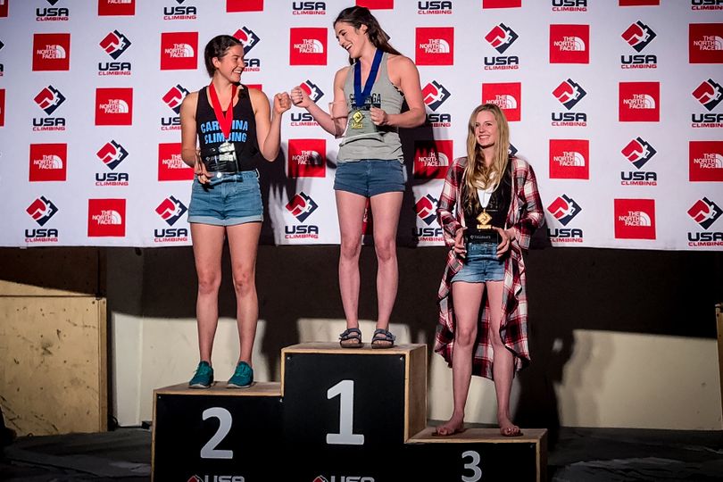 Hannah Tolson of Gonzaga University, center, edged out Kerry Scott from North Carolina, left, to win the USA National Collegiate Championship in the Sport Climbing division. Mikayla Tougas finished third. (Photo courtesy Mesa Rim Climbing and Fitness) (Mesa Rim Climbing and Fitness)