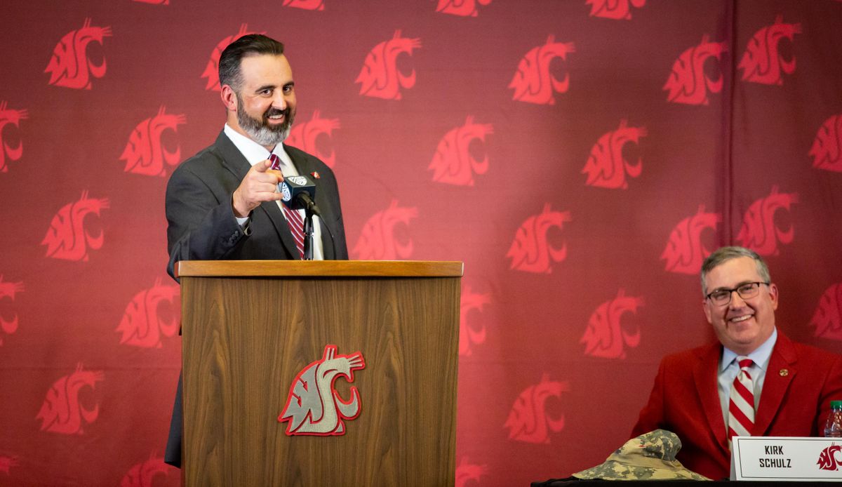 New Washington State University head football coach Nick Rolovich speaks at his introductory press conference at the university on Jan. 16, 2020 in Pullman, Wash. Rolovich coached at University of Hawaii for eight seasons, the last four as head coach, and officially replaced Mike Leach this week. (Libby Kamrowski / The Spokesman-Review)